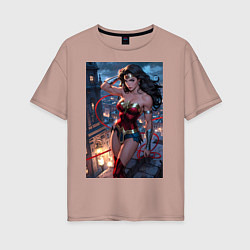 Футболка оверсайз женская Чудо-женщина на крыше с городским фоном в стиле ко, цвет: пыльно-розовый