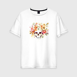 Футболка оверсайз женская Акварельный череп с цветами, цвет: белый