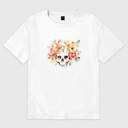 Женская футболка оверсайз Акварельный череп с цветами / Белый – фото 1