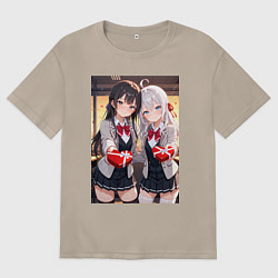 Футболка оверсайз женская Аля и Маша дарят тебе валентинки, цвет: миндальный