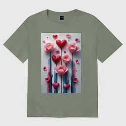 Футболка оверсайз женская Композиция цветов и сердечек, цвет: авокадо