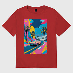 Футболка оверсайз женская Кабриолет едет по тропическому острову в стиле Куб, цвет: красный