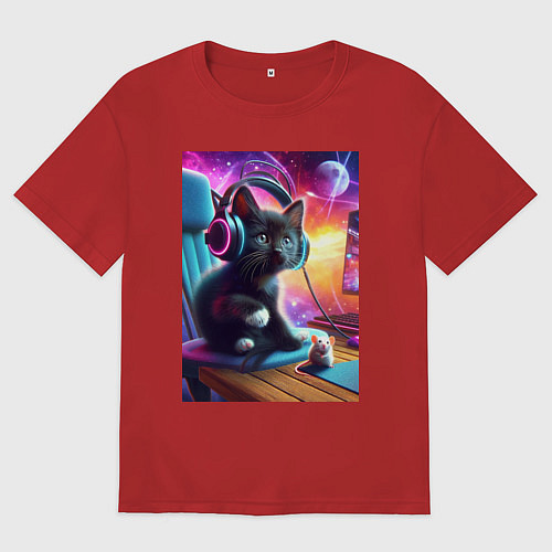 Женская футболка оверсайз Котёнок в наушниках и мышка / Красный – фото 1