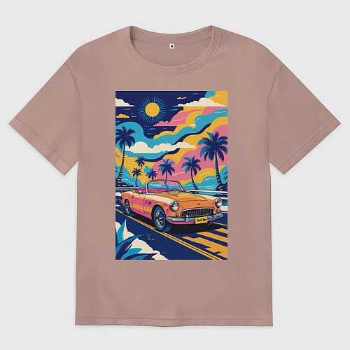 Женская футболка оверсайз Кабриолет едет по тропическому острову / Пыльно-розовый – фото 1