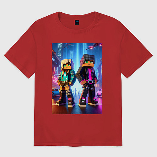 Женская футболка оверсайз Minecraft - characters neon glow / Красный – фото 1