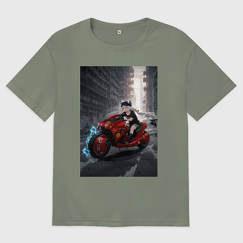 Женская футболка оверсайз Shiroko лиса на футуристичном мотоцикле / Авокадо – фото 1