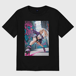 Футболка оверсайз женская Девушка на роликах исполняет трюки, цвет: черный