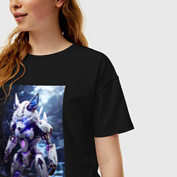 Футболка оверсайз женская Киборг лиса с неоновой подсветкой, цвет: черный — фото 2