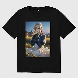 Футболка оверсайз женская Вайолет Эвергарден на лугу, цвет: черный