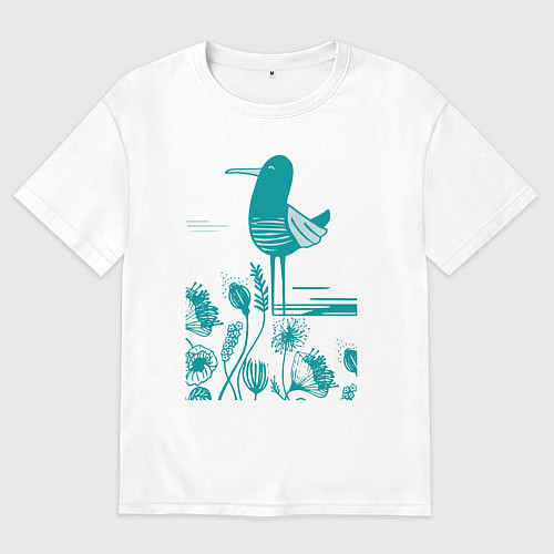 Женская футболка оверсайз Птичка и цветы в голубом / Белый – фото 1