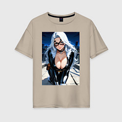 Женская футболка оверсайз Черная кошка на крыше небоскреба