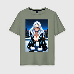 Женская футболка оверсайз Черная кошка на крыше небоскреба