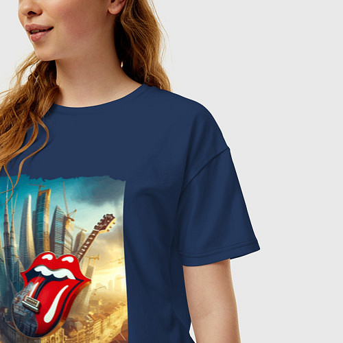 Женская футболка оверсайз Rolling Stones - logo-guitar / Тёмно-синий – фото 3