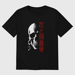 Футболка оверсайз женская Череп в тени с цветами, цвет: черный