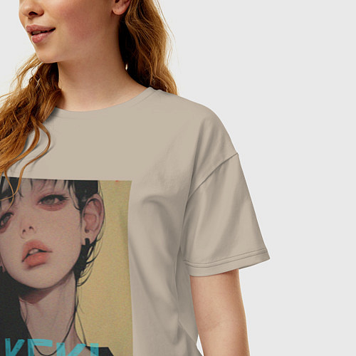 Женская футболка оверсайз Mood girl kekl / Миндальный – фото 3