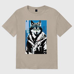 Футболка оверсайз женская Волк в мегаполисе - нейроарт, цвет: миндальный