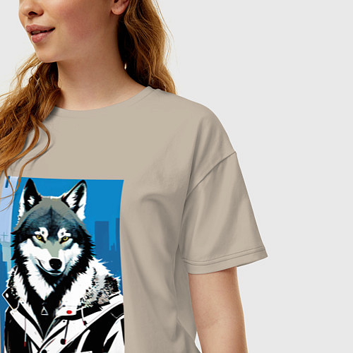 Женская футболка оверсайз Волк в мегаполисе - нейроарт / Миндальный – фото 3