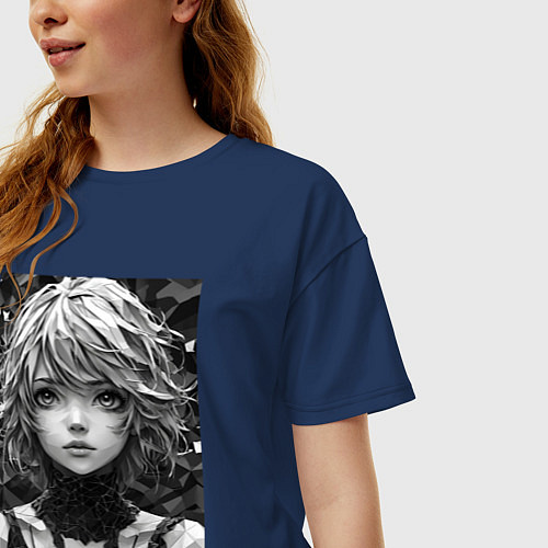 Женская футболка оверсайз Аниме портрет девушки в черно-белом цвете / Тёмно-синий – фото 3
