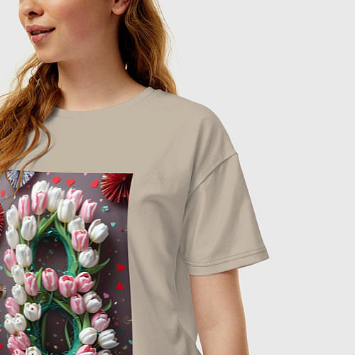 Женская футболка оверсайз Тюльпаны к празднику 8 марта / Миндальный – фото 3
