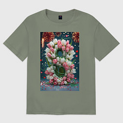 Футболка оверсайз женская Тюльпаны к празднику 8 марта, цвет: авокадо