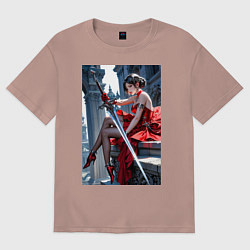 Женская футболка оверсайз Девушка в красном платье с мечем