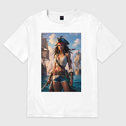 Женская футболка оверсайз Пиратка на фона флотилии кораблей