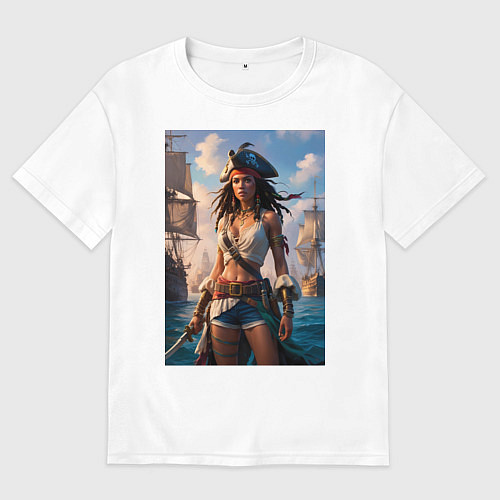 Женская футболка оверсайз Пиратка на фона флотилии кораблей / Белый – фото 1