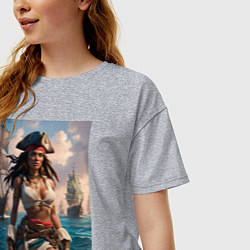 Футболка оверсайз женская Пиратка на фона флотилии кораблей, цвет: меланж — фото 2