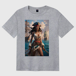 Женская футболка оверсайз Пиратка на фона флотилии кораблей