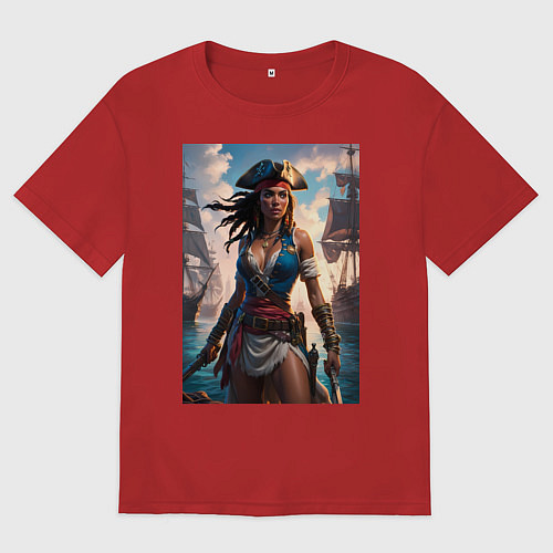 Женская футболка оверсайз Пиратка на фона флотилии кораблей / Красный – фото 1
