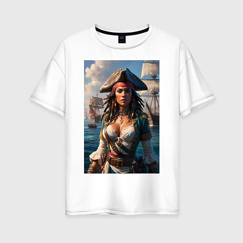 Женская футболка оверсайз Пиратка на фона флотилии кораблей / Белый – фото 1
