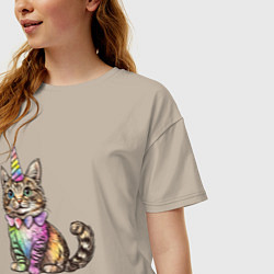 Футболка оверсайз женская Праздничный котик в колпаке единорога, цвет: миндальный — фото 2