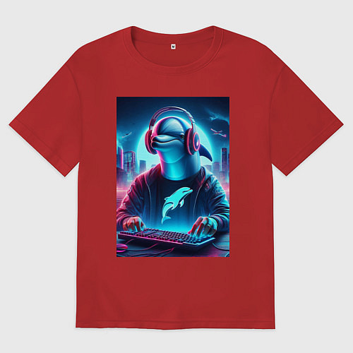 Женская футболка оверсайз Dolphin is esports player - ai art fantasy / Красный – фото 1