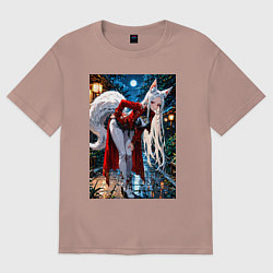 Женская футболка оверсайз Белоснежная лиса лунной ночью