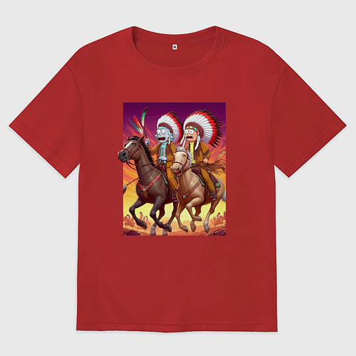 Женская футболка оверсайз Индейцы Рик и Морти скачут на лошадях / Красный – фото 1