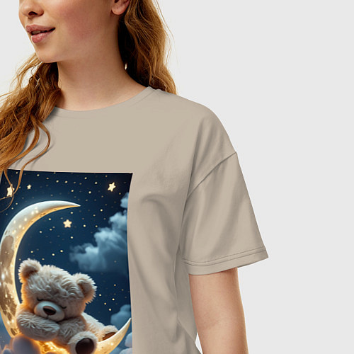 Женская футболка оверсайз Плюшевый мишка сидит на Луне / Миндальный – фото 3