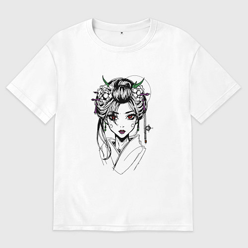 Женская футболка оверсайз Японская девушка с красными глазами / Белый – фото 1