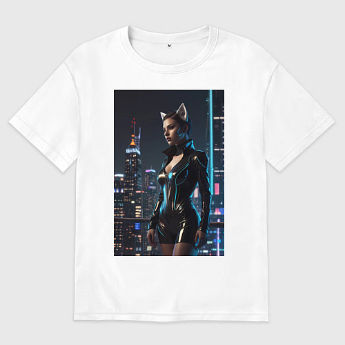 Женская футболка оверсайз Девушка с кошачьими ушами стоит на фоне небоскребо / Белый – фото 1