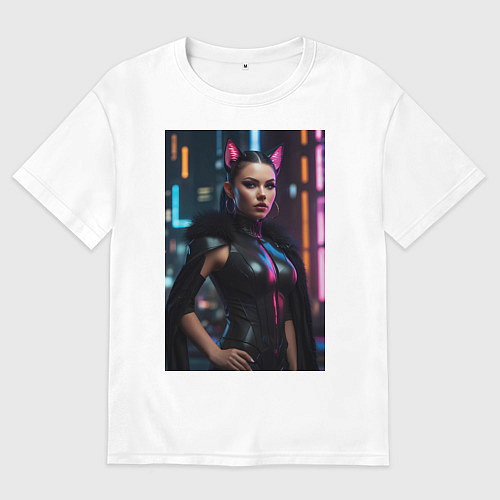 Женская футболка оверсайз Девушка с кошачьими ушами стоит на фоне небоскребо / Белый – фото 1