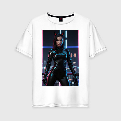 Женская футболка оверсайз Девушка с кошачьими ушами стоит на фоне небоскребо / Белый – фото 1