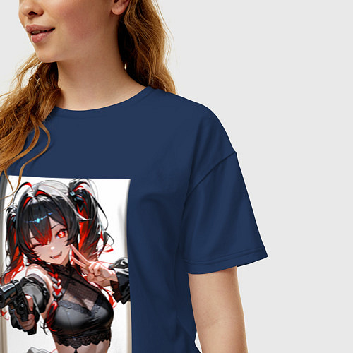 Женская футболка оверсайз Девушка-демон с пистолетом / Тёмно-синий – фото 3