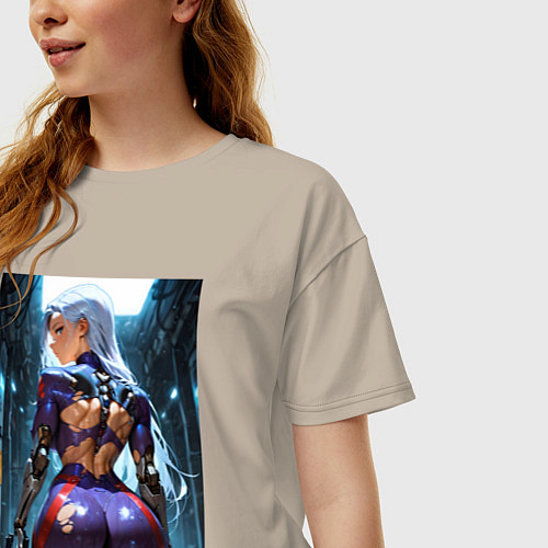 Женская футболка оверсайз Девушка с оружием в киберпанк стиле / Миндальный – фото 3
