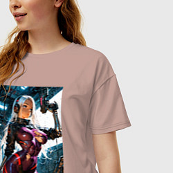 Футболка оверсайз женская Девушка с оружием в киберпанк стиле, цвет: пыльно-розовый — фото 2