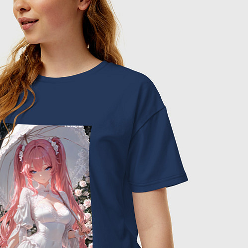 Женская футболка оверсайз Принцесса сидит под зонтиком / Тёмно-синий – фото 3