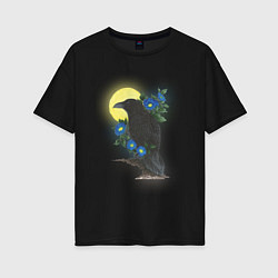 Женская футболка оверсайз Чёрный ворон на ветке под луной среди синих цветов