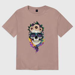 Футболка оверсайз женская The skull in flowers, цвет: пыльно-розовый
