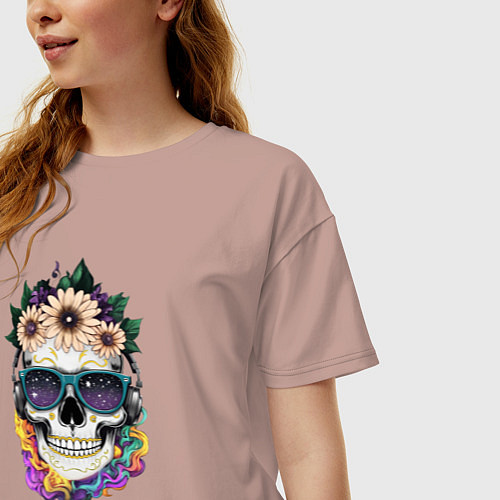 Женская футболка оверсайз The skull in flowers / Пыльно-розовый – фото 3