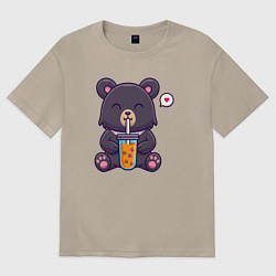 Футболка оверсайз женская Мишка с напитком, цвет: миндальный