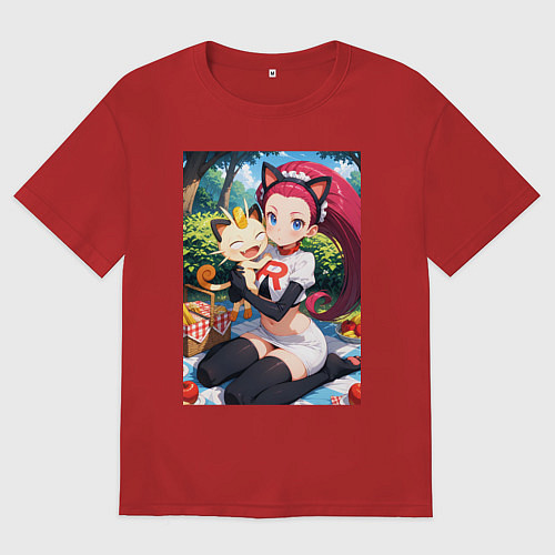 Женская футболка оверсайз Джесси и Мяут на пикнике / Красный – фото 1