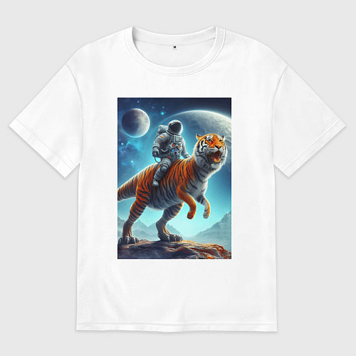 Женская футболка оверсайз Космонавт верхом на тигрозавре - затерянная планет / Белый – фото 1